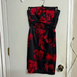 White House Black Market satin black with red roses cocktail dress, size 4.